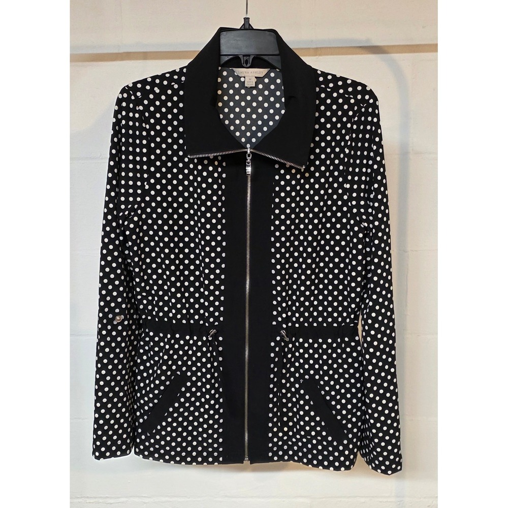 Laura Ashley Black White Polka Dot Zip Up Light Jacket Drawstring Waist Women M